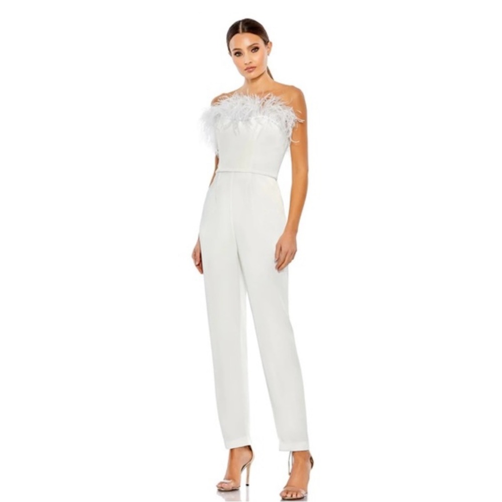 MAC DUGGAL STRAPLESS JUMPSUIT WITH FEATHER TRIM $398 Style 68146 Sz 10 White